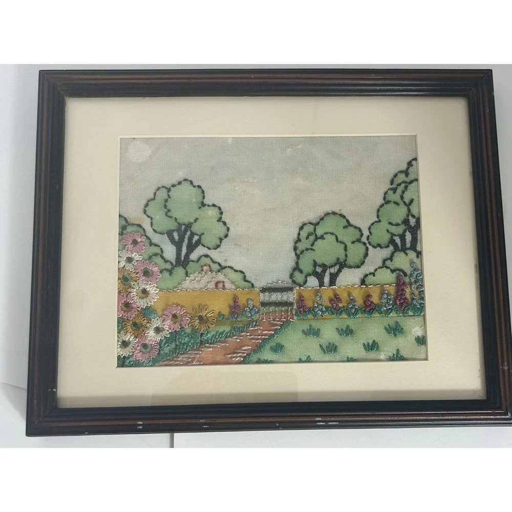 Vintage needle‎ point picture floral wood antique Framed 11x14 tapestry Farm